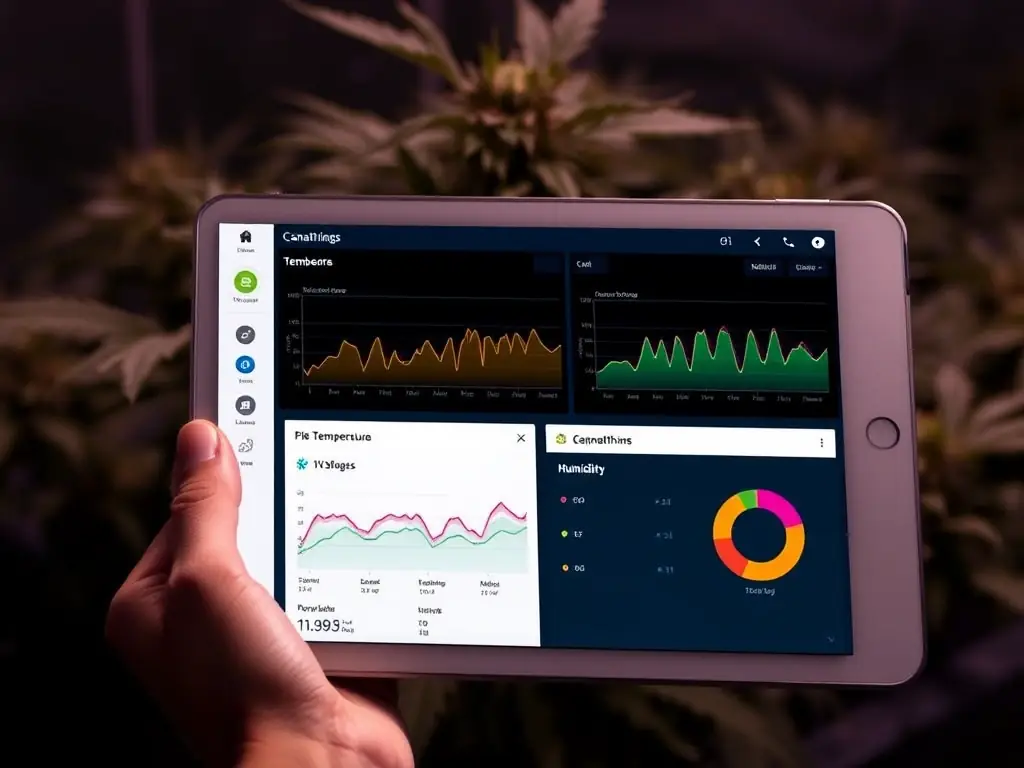 A screenshot of the CannaThings dashboard on a tablet, displaying real-time data visualizations of sensor readings (temperature, humidity, light levels). The dashboard is clean, user-friendly, and intuitive.