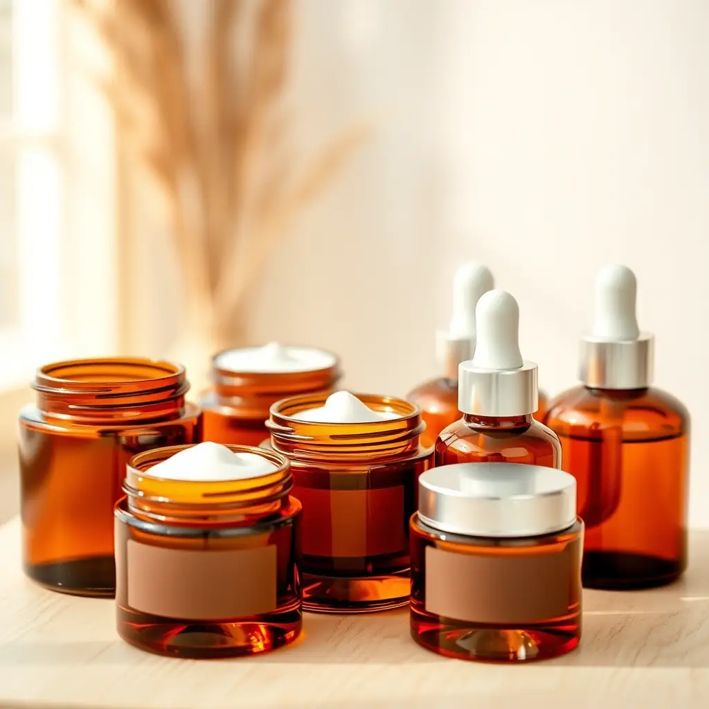 amber glass jars filled with skincare products, arranged aesthetically on a wooden surface, emphasizing the premium and natural quality of Arbor Park Products' offerings