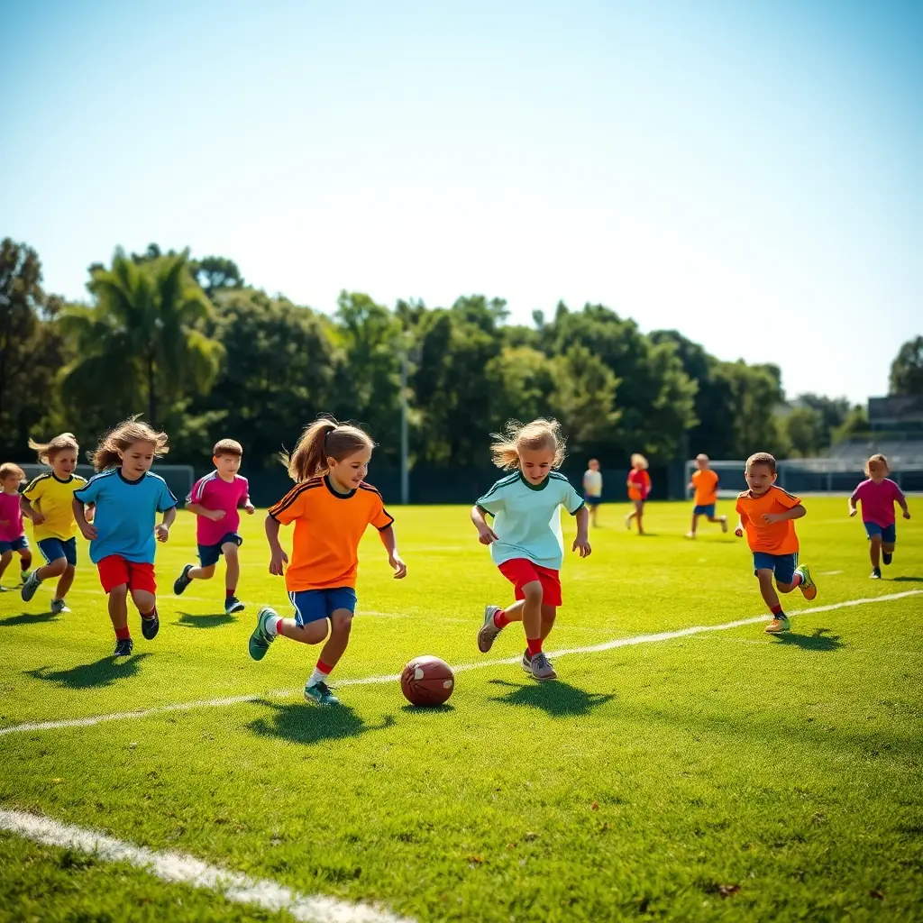 A dynamic image of young footballers training passionately on the field, symbolizing growth, teamwork, and leadership