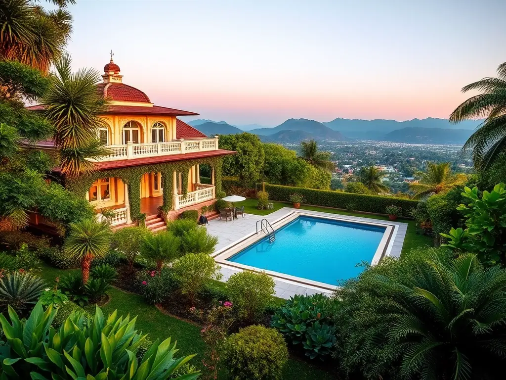 A collection of luxurious Udaipur villas with lush gardens, private pools, and scenic vistas, perfect for vacation rentals.