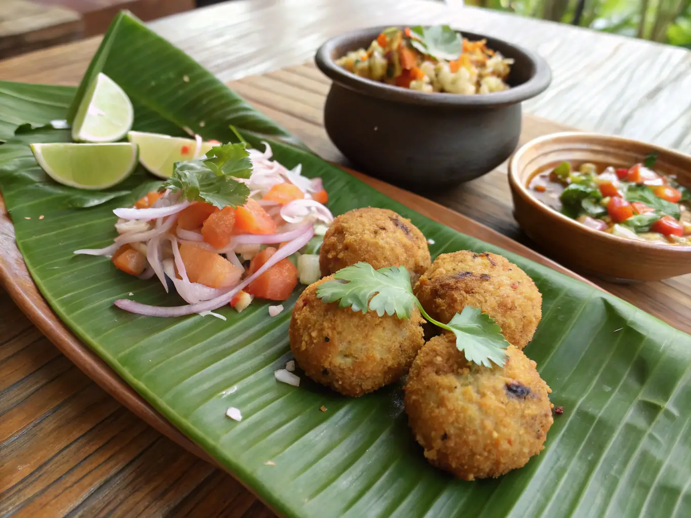 A close-up shot of various Kerala snacks arranged on a banana leaf, showcasing their vibrant colors and textures.