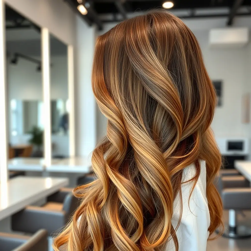 A close-up shot of a woman with beautifully colored and styled hair, showcasing the expertise of Harlow Beauty and Hair Salon. The background is a modern salon setting.