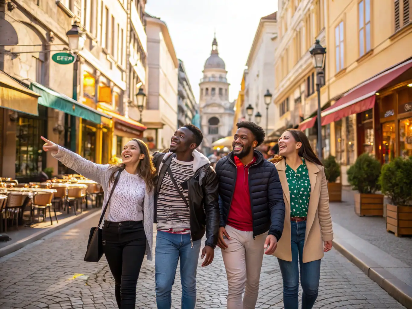 A group of diverse people laughing and enjoying themselves on a guided tour in a sunny, vibrant city. They are exploring local landmarks and interacting with each other.