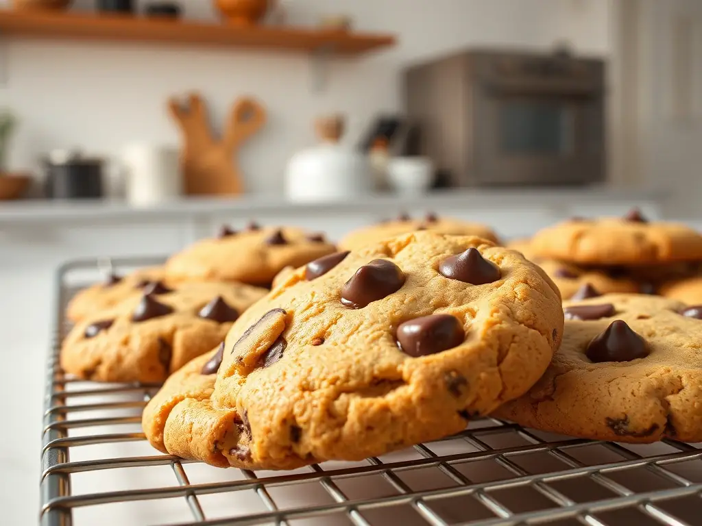 A close-up shot of a batch of freshly baked chewy chocolate chip cookies, golden brown with melted chocolate chips, cooling on a wire rack.