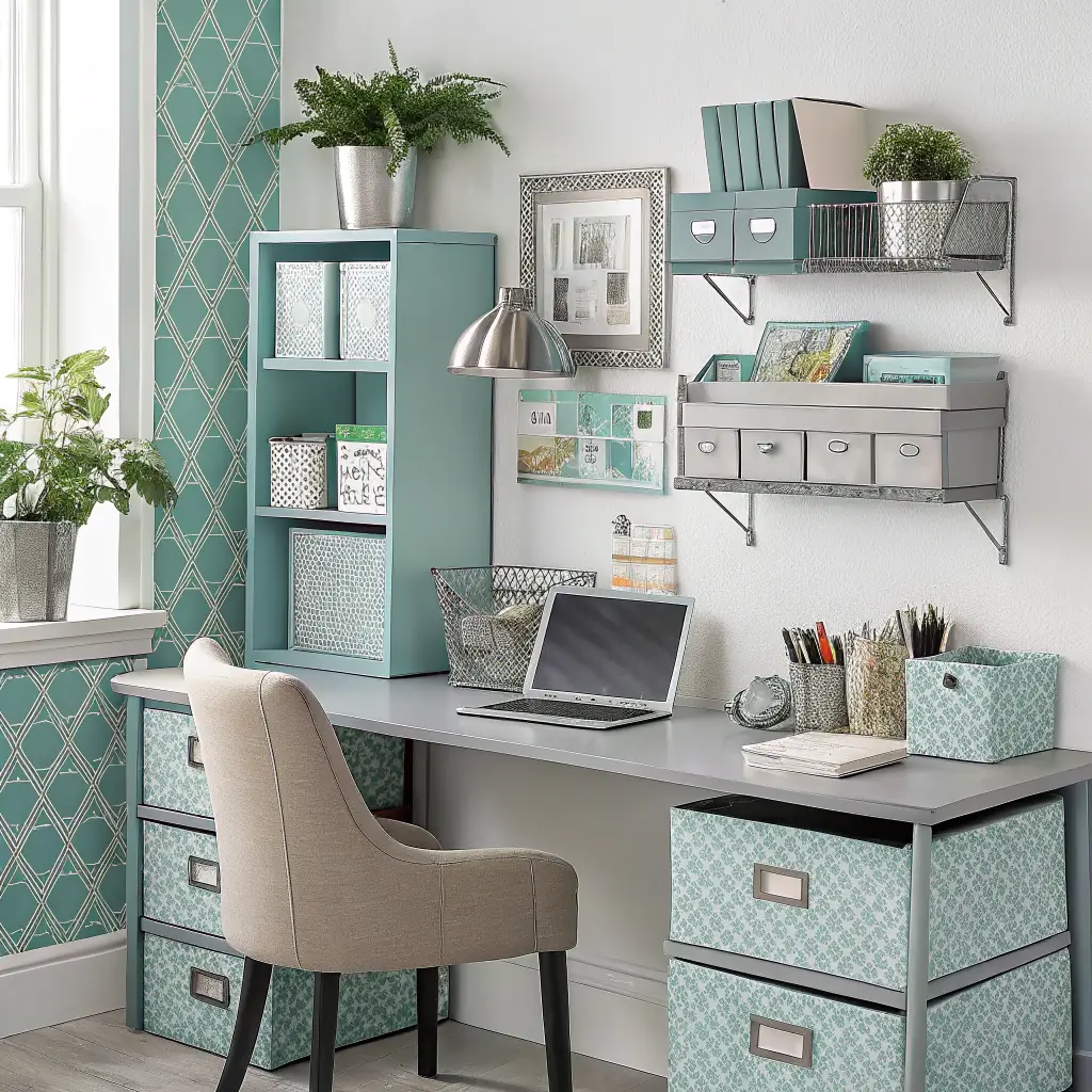 a clean, modern workspace with organized shelves and storage solutions, emphasizing simplicity and order, in a bright and inviting home environment