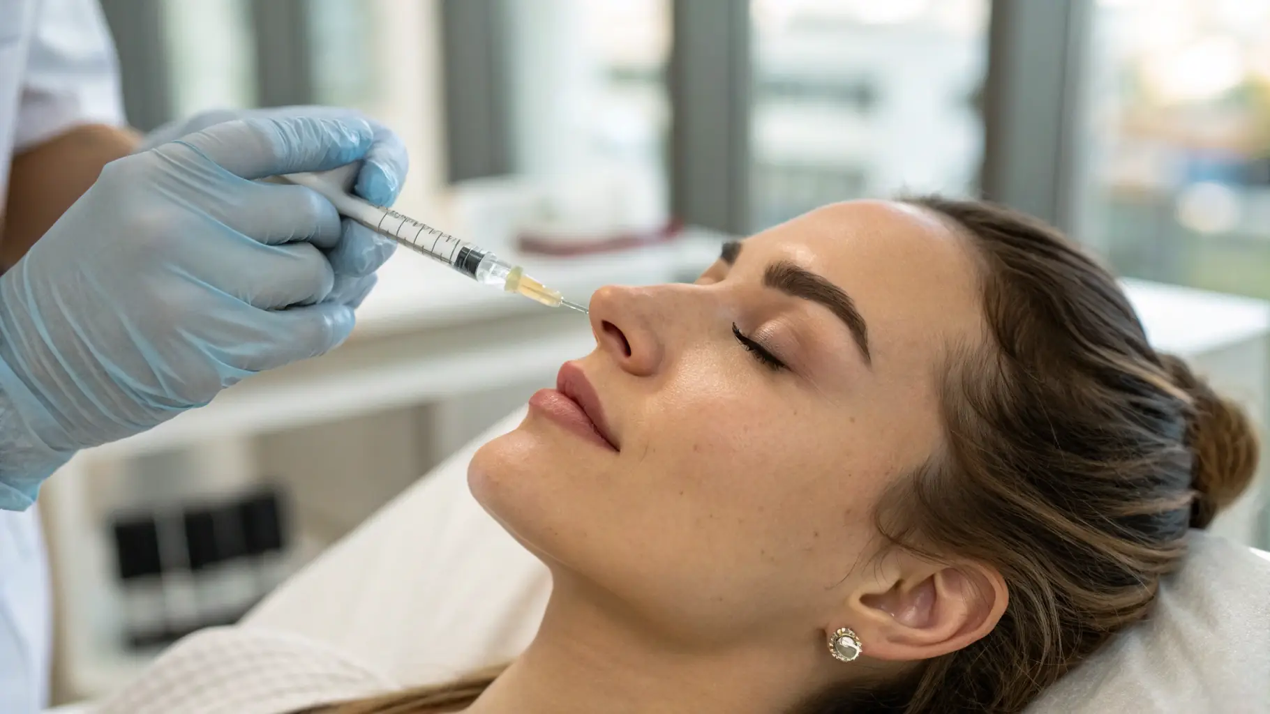 Close-up shot of a woman's face during a hyaluronic acid injection procedure, highlighting the precision and care taken by Dr. Farcas Alexandra. The background should be a clean, modern aesthetic clinic setting with pink and gold accents.
