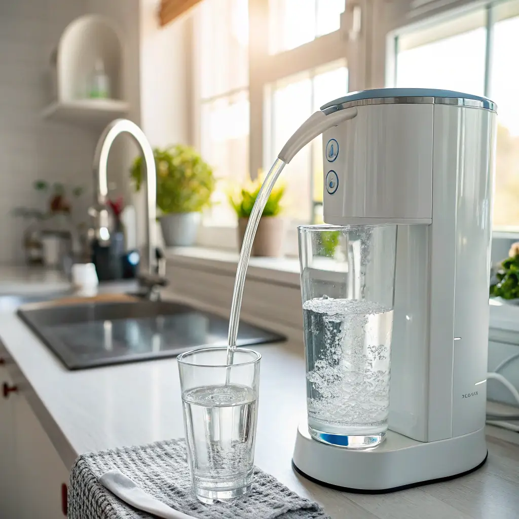 A modern, clean image of a water purification system installed in a residential setting. The system should look high-quality and professionally installed, with visible pipes and filters. The background should be a well-lit utility room or basement, conveying a sense of reliability and efficiency. The image should be suitable for a Swedish audience, emphasizing trust and competence.