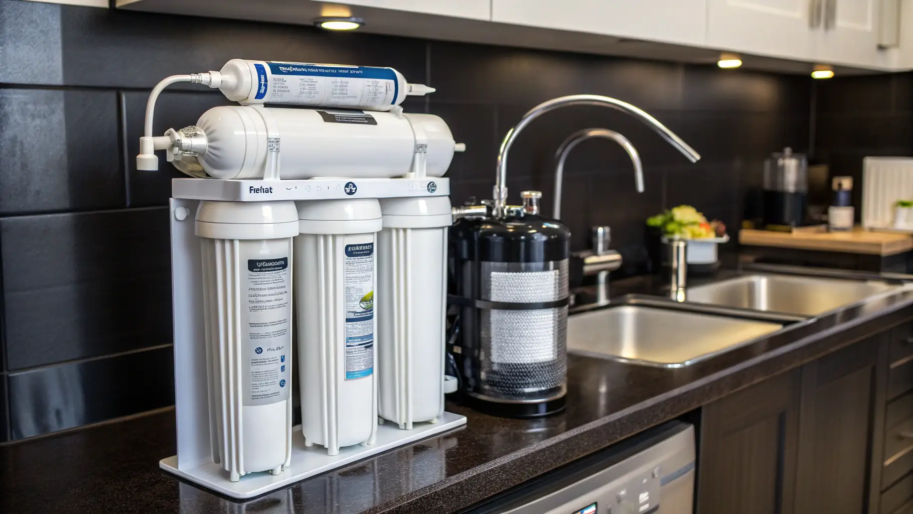 A close-up of a water filter system installed in a modern home, with clean water flowing into a glass.