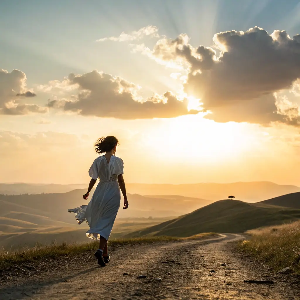 An empowering image of a woman confidently striding across a bridge towards a bright, hopeful future, symbolizing the transformative journey of a Crosser. The background should evoke a sense of liberation and new beginnings.