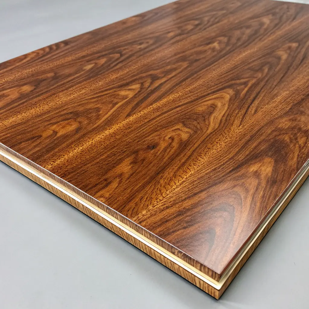 A close-up of wood veneers with rich grain patterns and warm tones, highlighting the texture and natural beauty of the earth's finest woods.