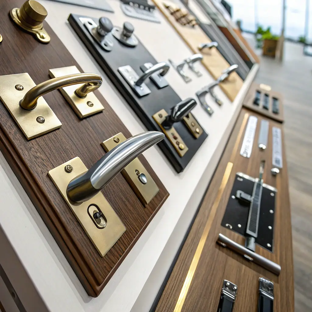 A selection of architectural hardware, including door handles, hinges, and knobs, showcasing their precision engineering and elegant design.