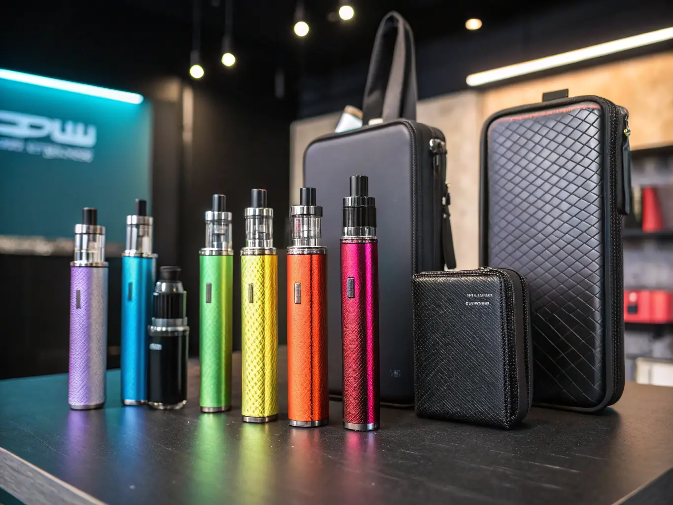 A selection of various vape devices and e-liquids displayed on a shelf in a wholesale distribution setting.