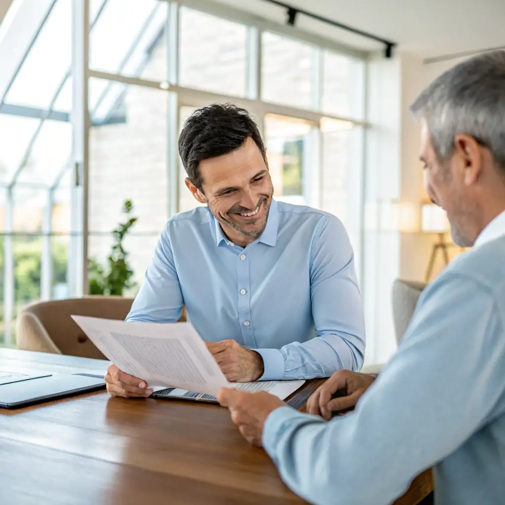 A financial counselor reviewing documents with a client, discussing investment strategies and financial planning.