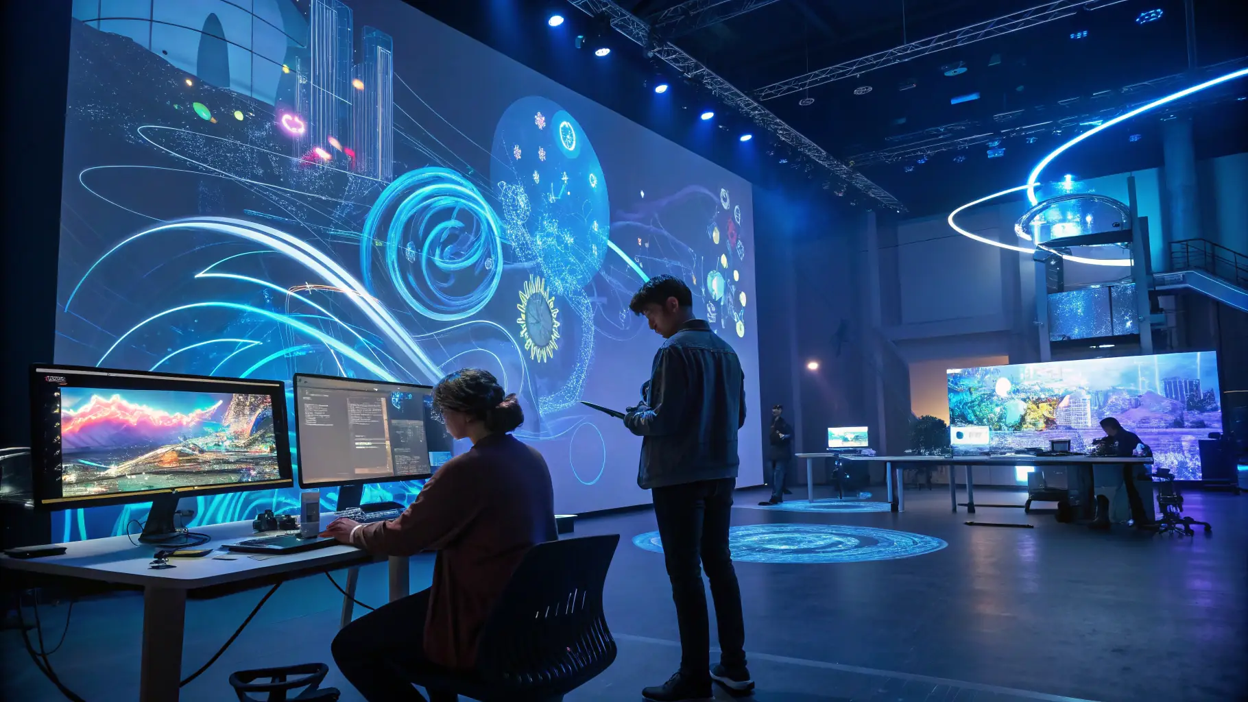 A sleek, modern image of a digital workspace with vibrant AI-driven visual effects, emphasizing innovation and creativity, suitable for the portfolio section background.