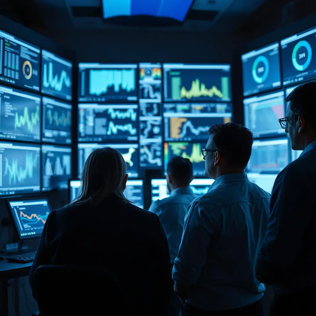 A team of data analysts collaborating on a project, visualizing data on a large screen, symbolizing data-driven decision-making and scalable growth for Sakhsham Knowledge Services.