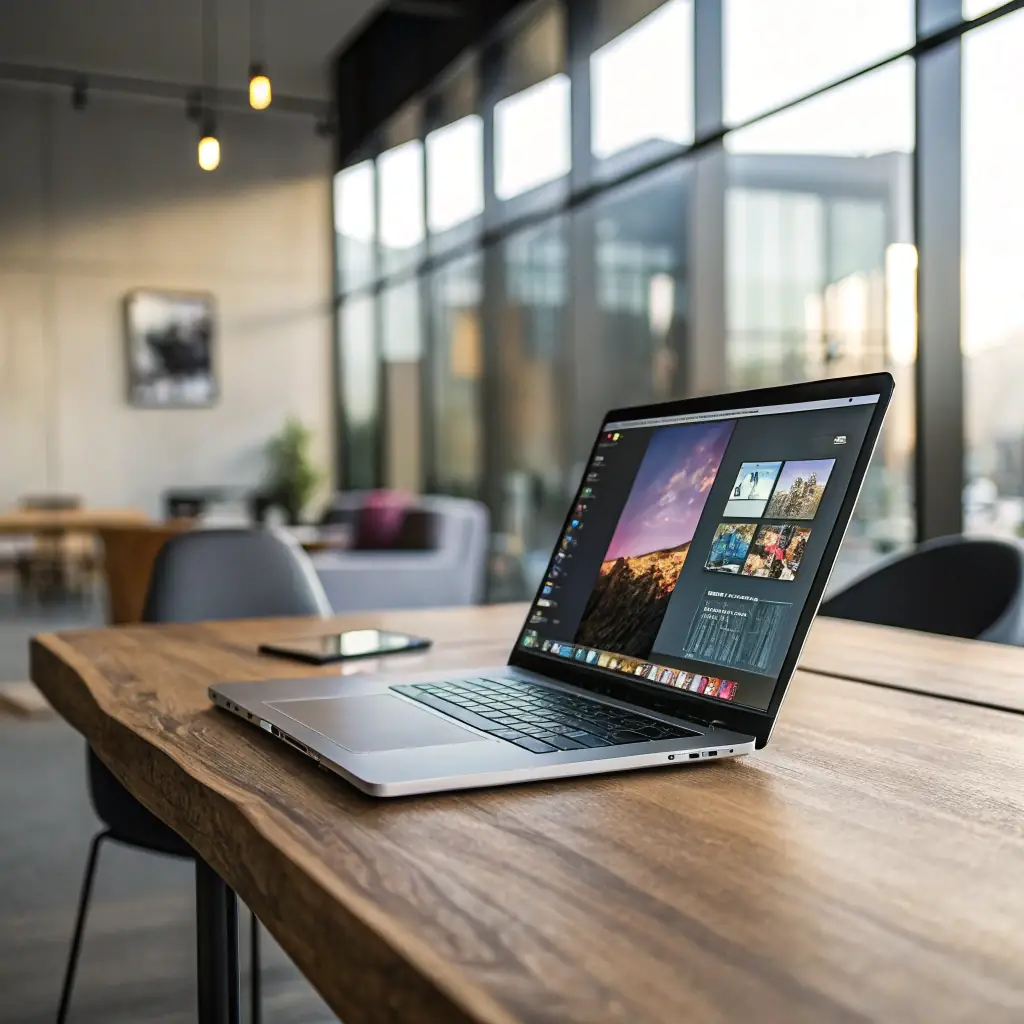 A clean, well-organized desk with a modern laptop open on the right side. The screen displays a financial planning dashboard with charts and graphs. Natural light streams in from a nearby window, creating a sense of calm and productivity. The overall image conveys professionalism and a focus on financial well-being.