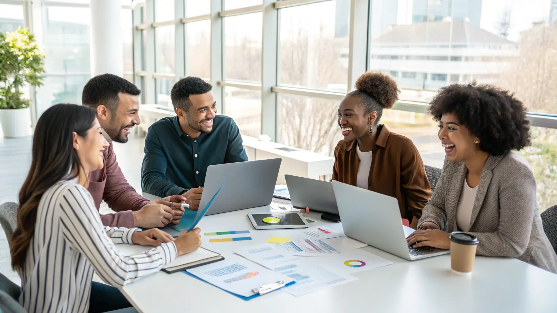 A group of diverse entrepreneurs collaborating in a modern office space, symbolizing Mernouten's commitment to supporting small businesses.