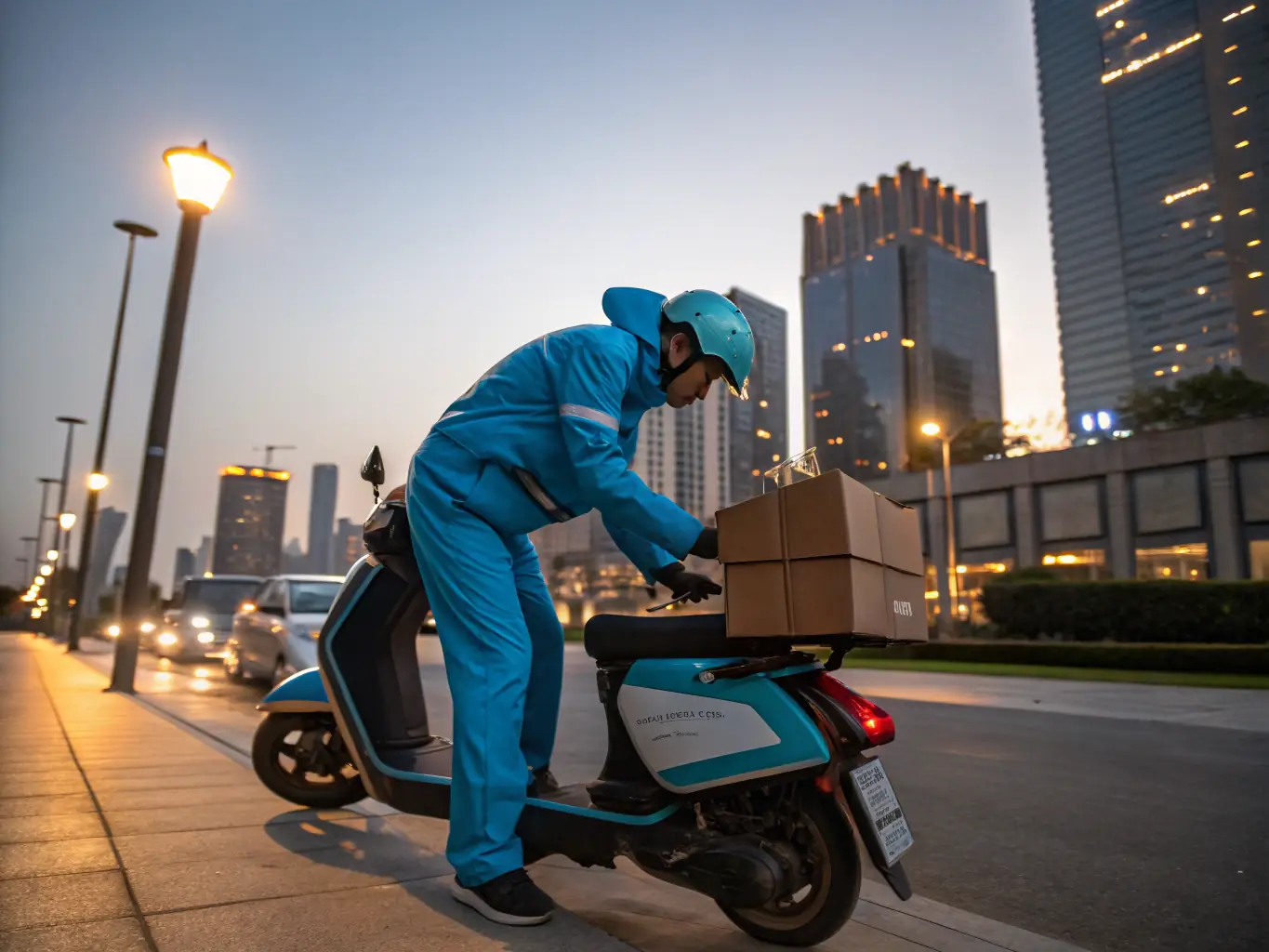 A delivery person on a scooter delivering a package.