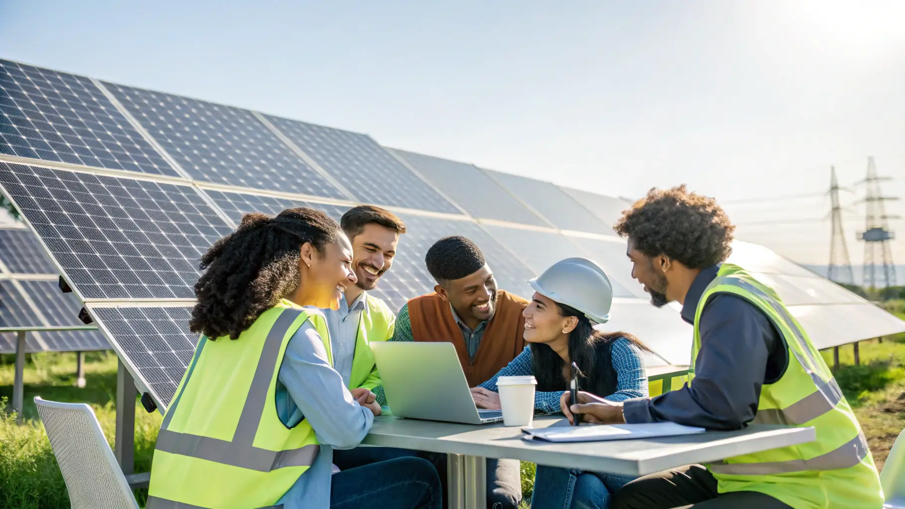 A professional team collaborating over a construction site with green energy elements, symbolizing sustainable growth and innovative recruitment solutions