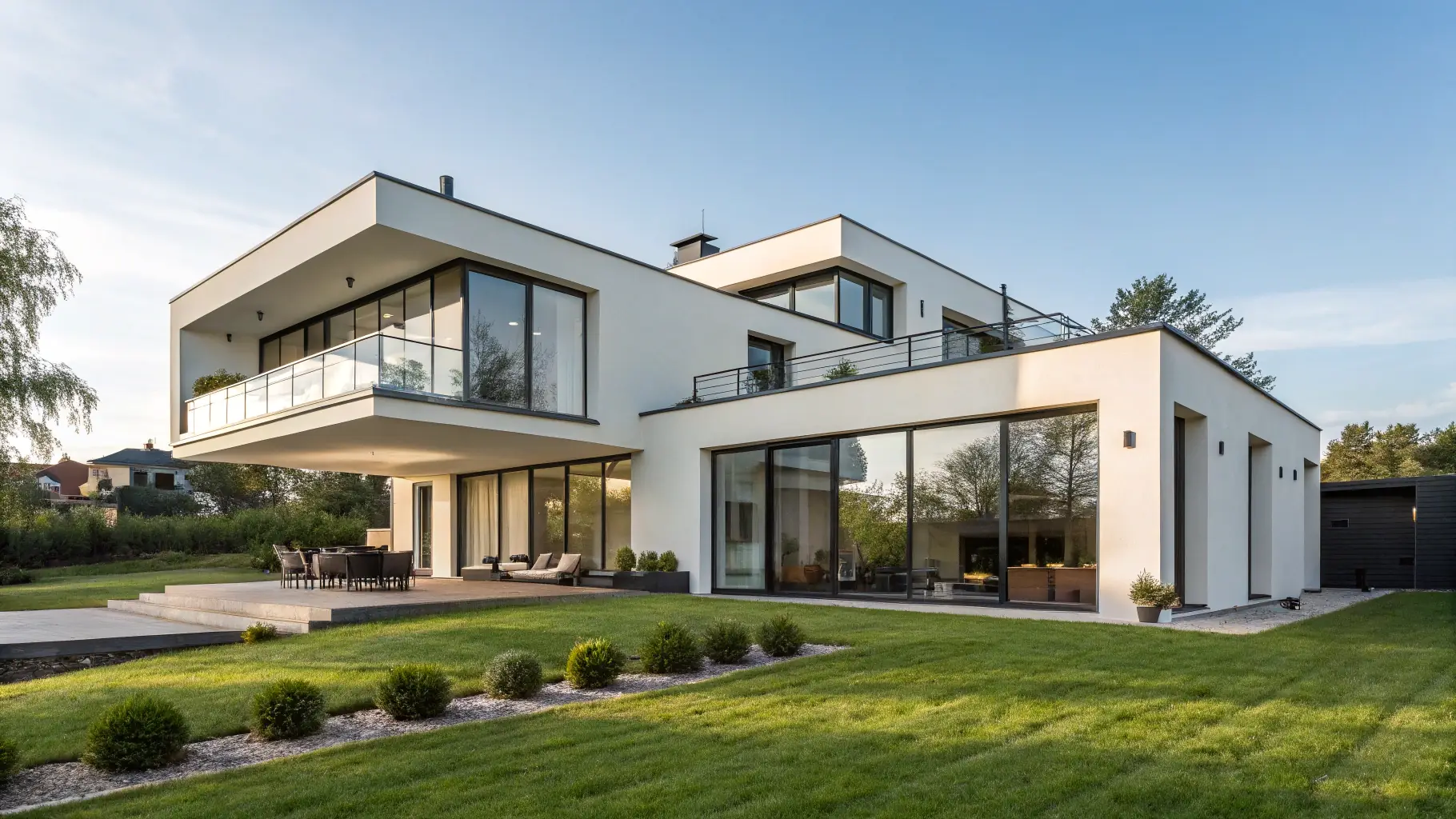 A modern house exterior with clean lines and a minimalist design, showcasing the integrated design-build approach.