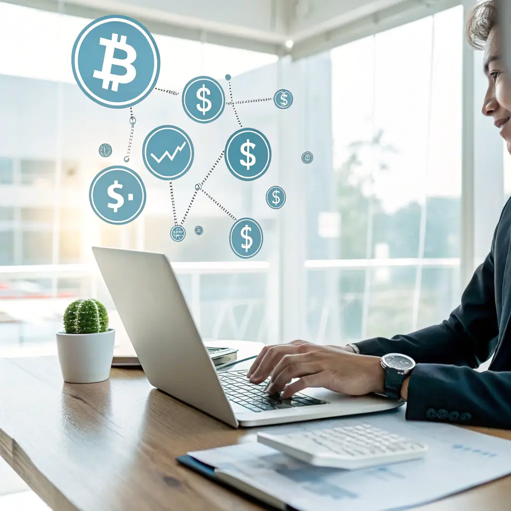 Illustration depicting a person connecting to a financial platform on a laptop, with charts and graphs in the background, symbolizing investment and copy trading.