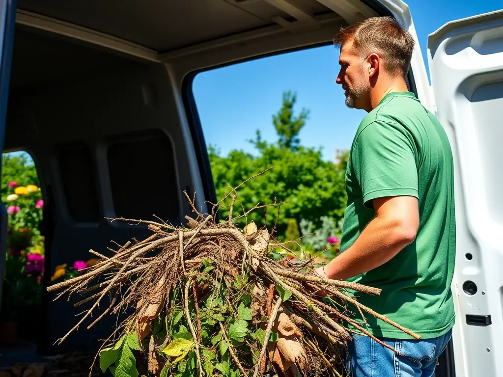 A close-up shot of garden waste being loaded into a van, showcasing the collection of organic materials. The background features a lush garden.