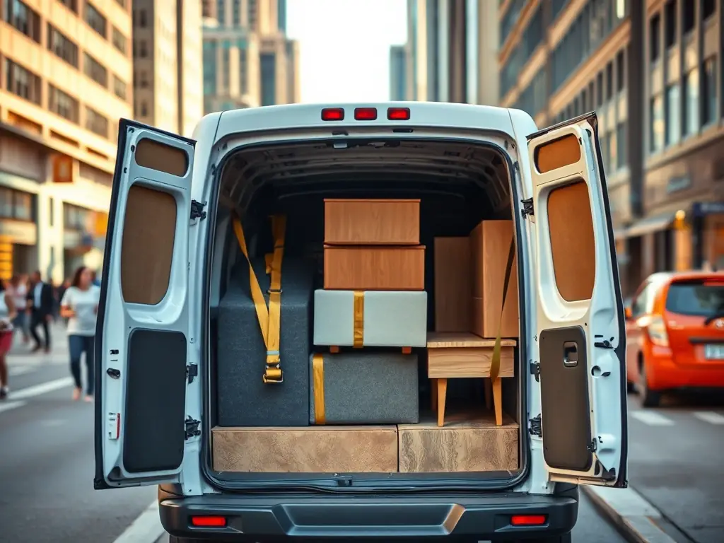 A medium shot of a van transporting furniture, with secure straps visible, highlighting the safe transportation of items. The background is a blurred cityscape.