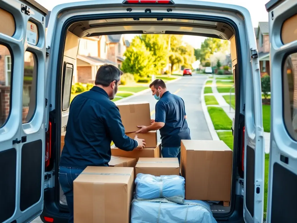 A wide shot of a man with a van loading household items during a house move, emphasizing the careful handling of items. The background shows a typical residential street.