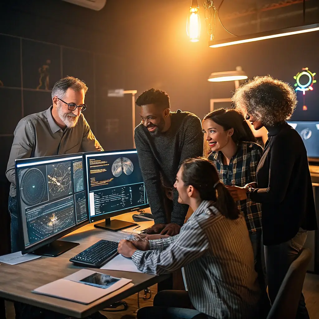 Een divers team van DHC Offshore-specialisten werkt samen aan een digitale interface en demonstreert de snelle implementatie en aanpassing van hun AI-spraakagent voor een klant.