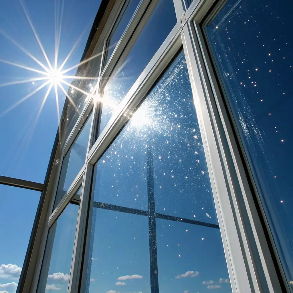 A freshly cleaned window reflecting a celebratory scene, such as a wedding or a party, symbolizing special occasion window cleaning services.
