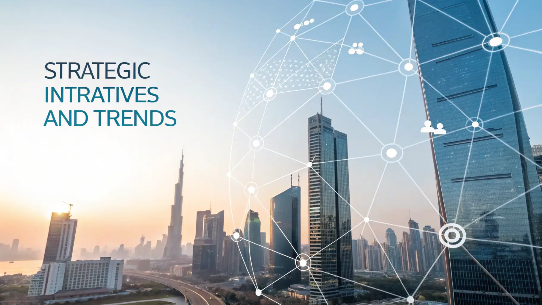 abstract geometric shapes and icons representing digital transformation, marketing, and technology, suitable for a consulting website