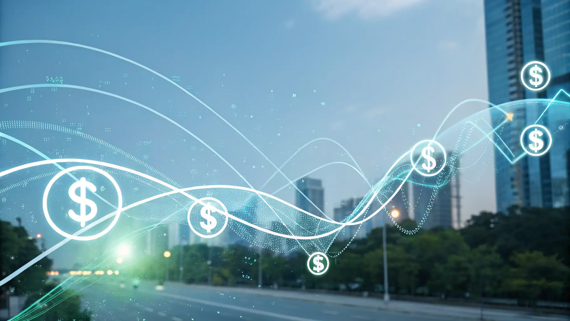 abstract geometric shapes and icons representing finance, analytics, and strategic planning, suitable for a consulting website