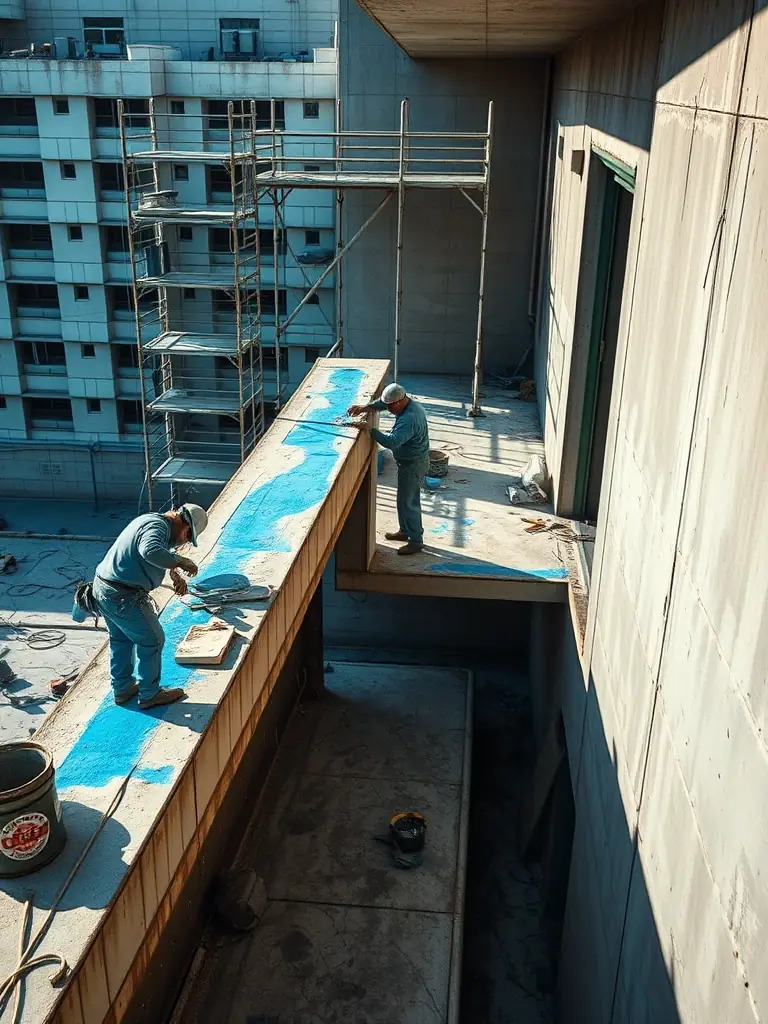 A wide shot of a balcony undergoing concrete repair, with workers applying sealant and repairing cracks. The image should highlight the scale and complexity of balcony repair projects.