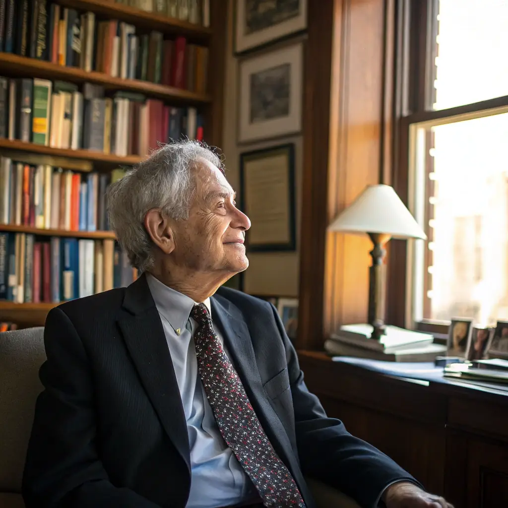 Robert is a distinguished gentleman with graying hair and a thoughtful expression. He wears a classic suit and tie.