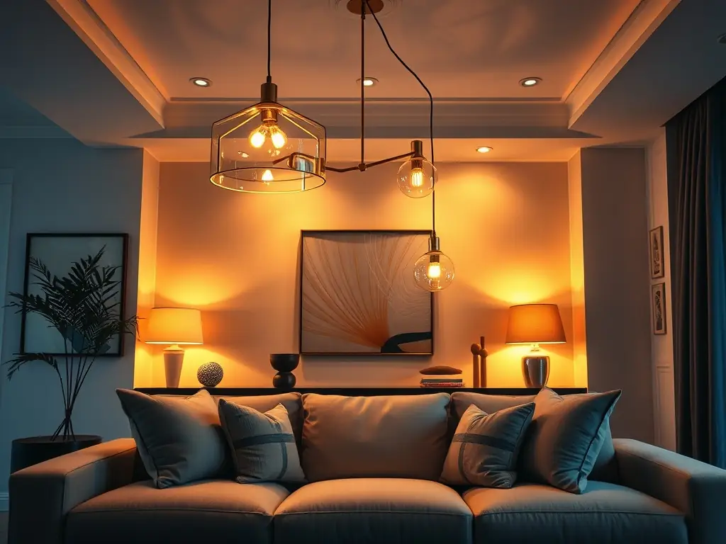 A creative lighting design with ambient lights and decorative lamps.