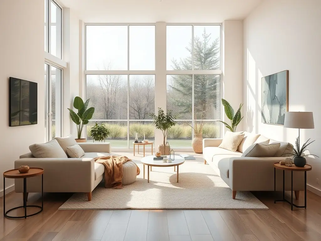A modern living room design with a large window and minimalist furniture.