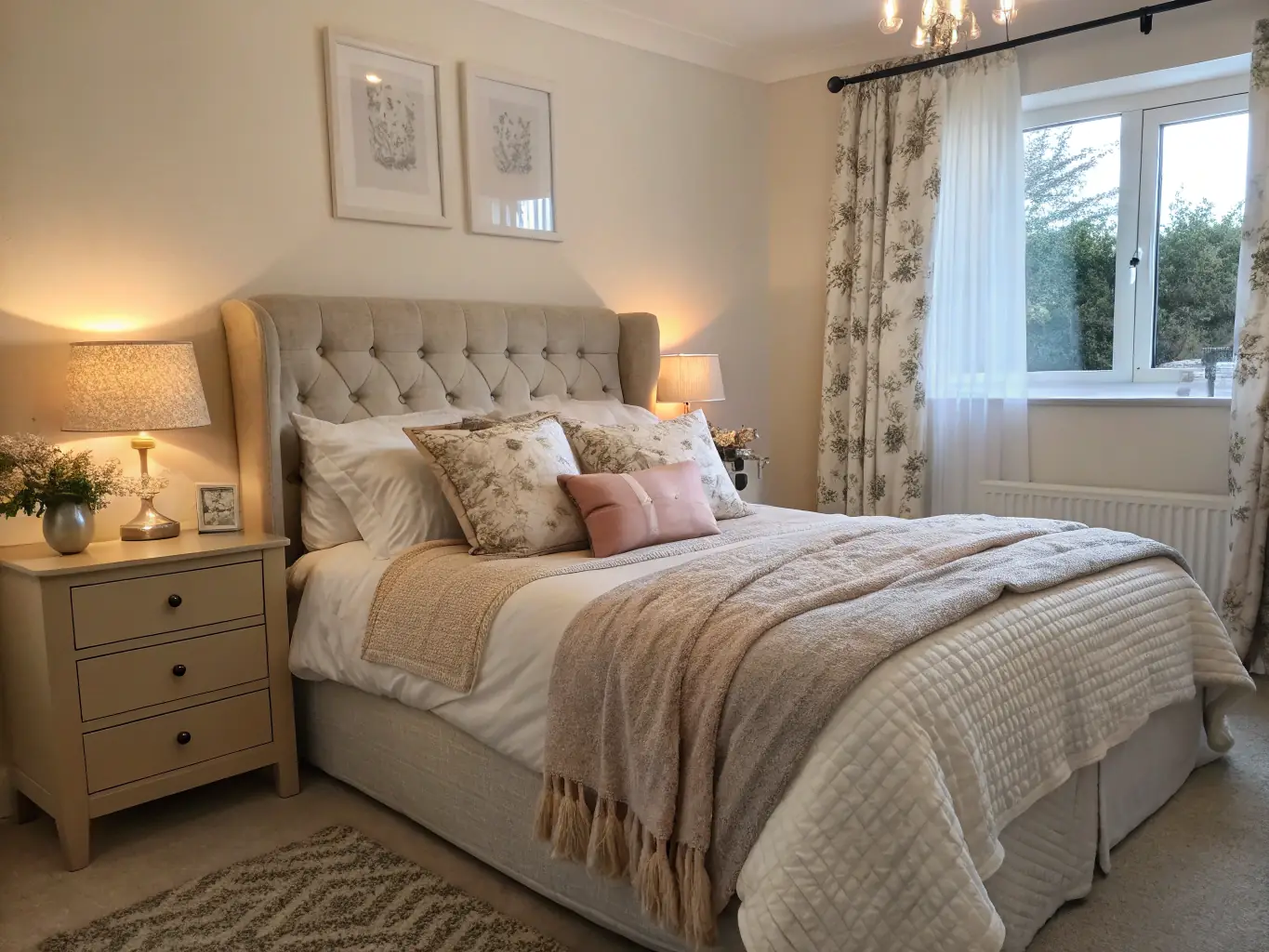 A cozy bedroom design with a comfortable bed and soft lighting.