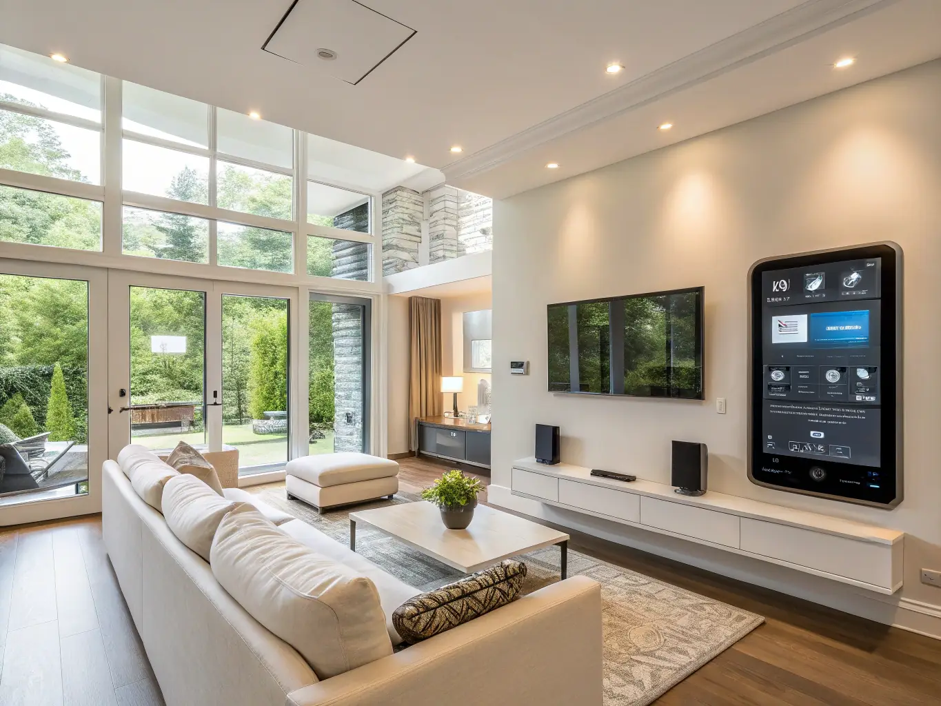 A smart home design with automated lighting and temperature control.