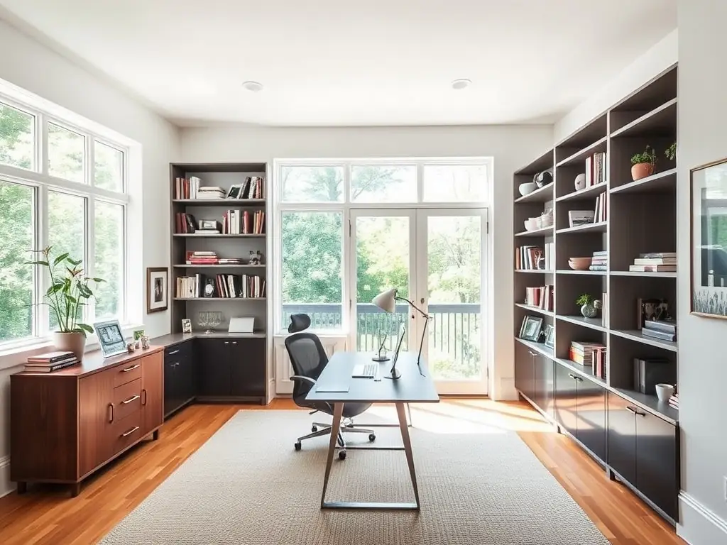 A well-organized storage design with custom-built shelves and cabinets.