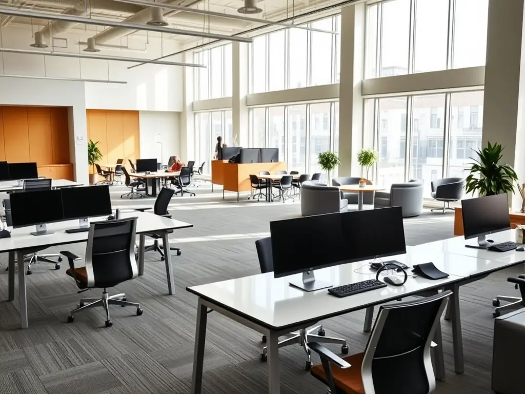 A modern office design with ergonomic furniture and a collaborative workspace.