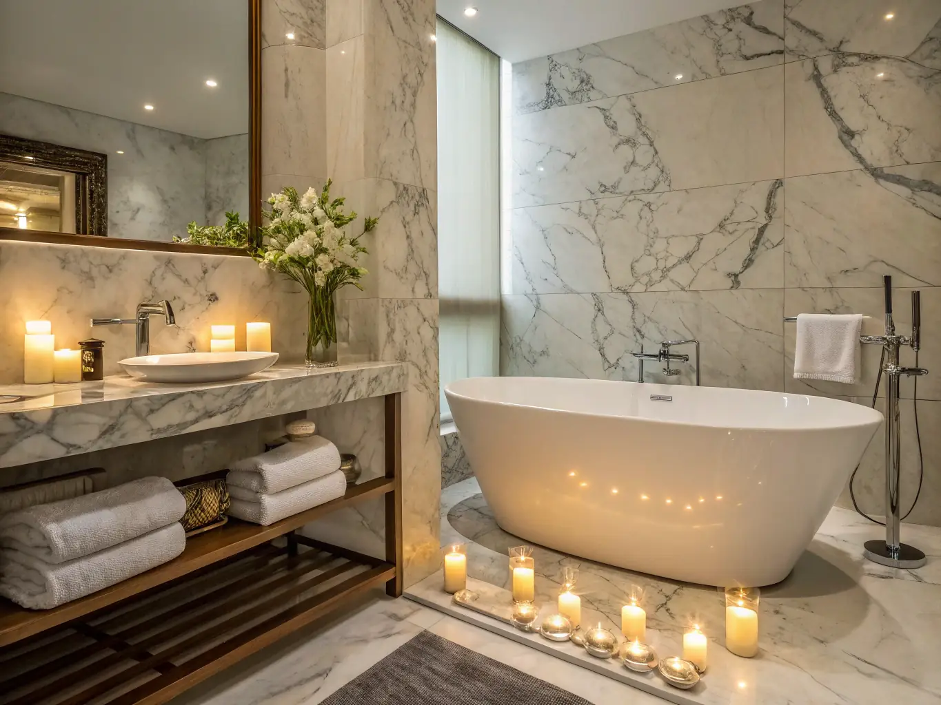 A luxurious bathroom design with a freestanding bathtub and marble tiles.