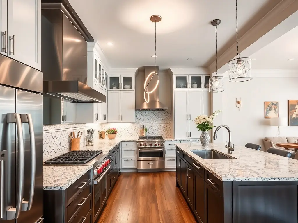 A sleek and modern kitchen design with stainless steel appliances and granite countertops.