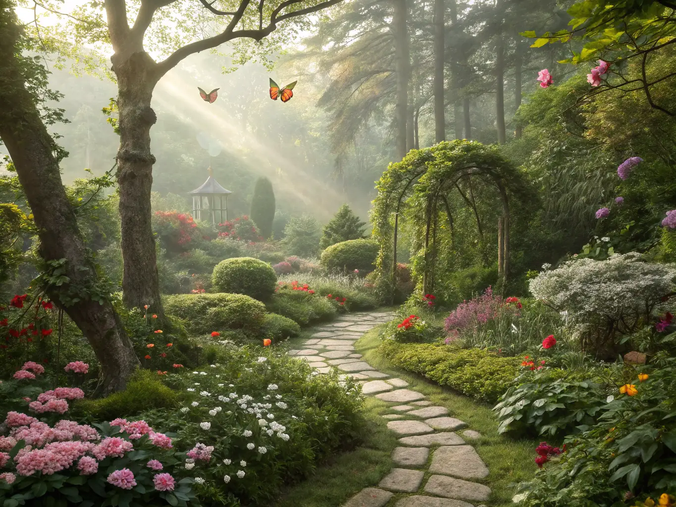 A beautiful garden design with colorful flowers and lush greenery.