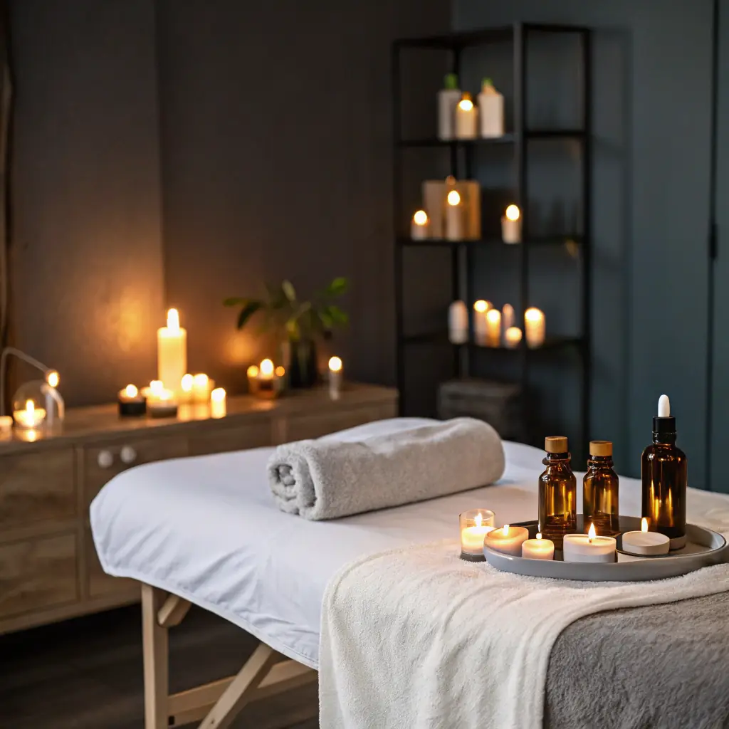 A serene massage room with soft lighting, essential oils, and a comfortable massage table, creating a relaxing and inviting atmosphere for clients seeking Thai massage therapy in Bur Dubai.