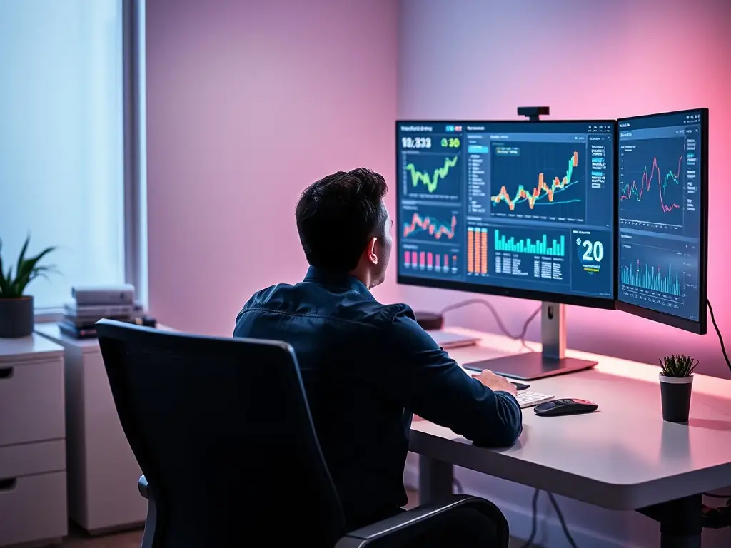A focused digital marketing specialist reviewing campaign performance metrics on a laptop, with charts and data visualizations displayed on the screen, in a modern office setting.