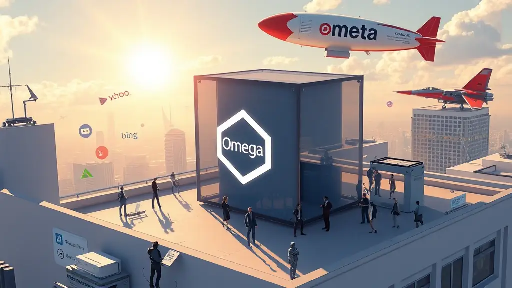A dynamic scene featuring a rooftop meeting with a giant Meta blimp, an X-Wing fighter parked nearby, logos of Google, X, Yahoo, Bing, LinkedIn, and R2 robot team, a shining OmegaQube cube radiating sun rays, alongside AI robots, SEO experts, Yext, Birdseye, and directory icons.