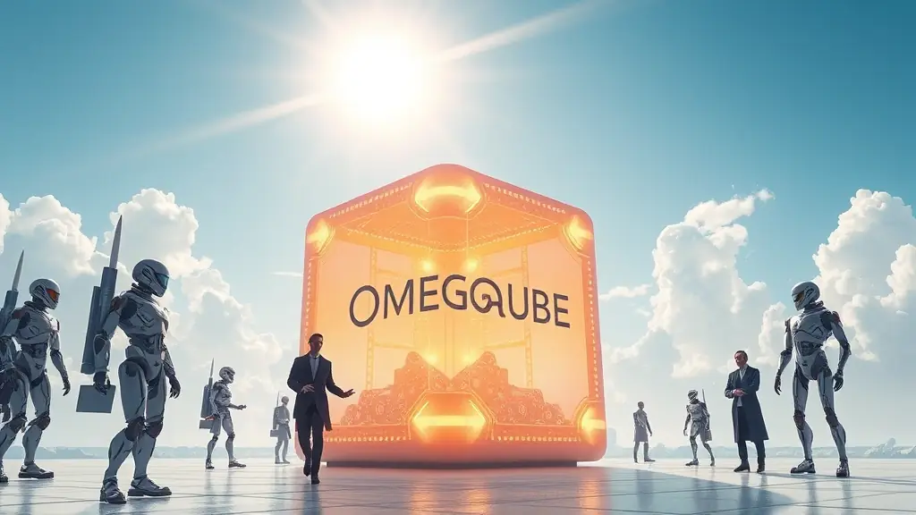 A futuristic scene with a large OmegaQube cube shining under sun rays, surrounded by AI robots, SEO gurus, and digital directories, symbolizing innovation and strategic dominance.