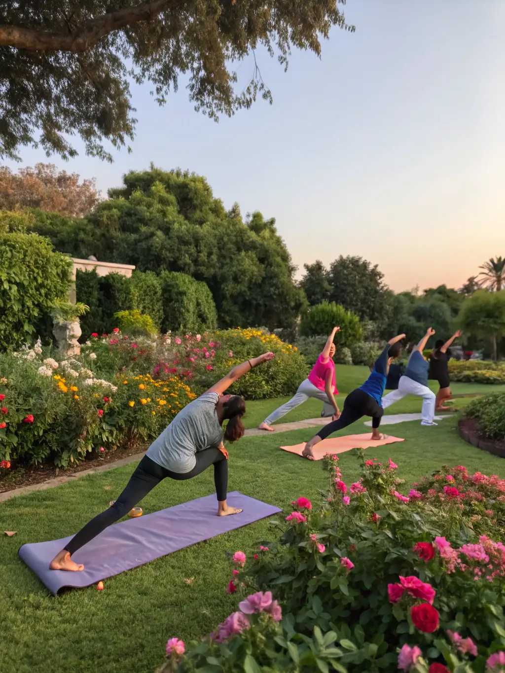 Image of a diverse group of people practicing yoga together, representing lasting transformation and community support through TheAuraMethod's holistic approach.