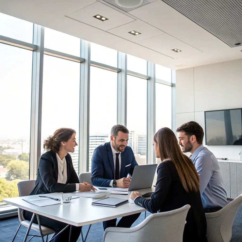 A professional team of financial advisors discussing strategies around a table, with charts and financial documents, in a modern office setting