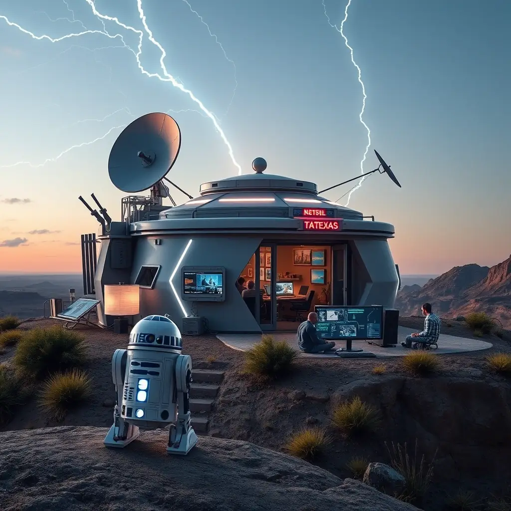 A futuristic Omegacube Texas Bunker, situated on Knights Bluff within Atlanta State Park, featuring a houseboat adorned with the Omegacube logo on the lake. The facility is staffed by an AI team of robots and Hollywood video producers, powering the AI Omegacube R2 2025 Platform.